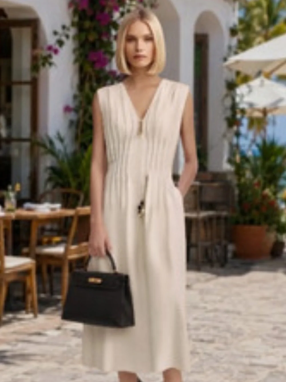 Zara light beige pleated linen midi dress